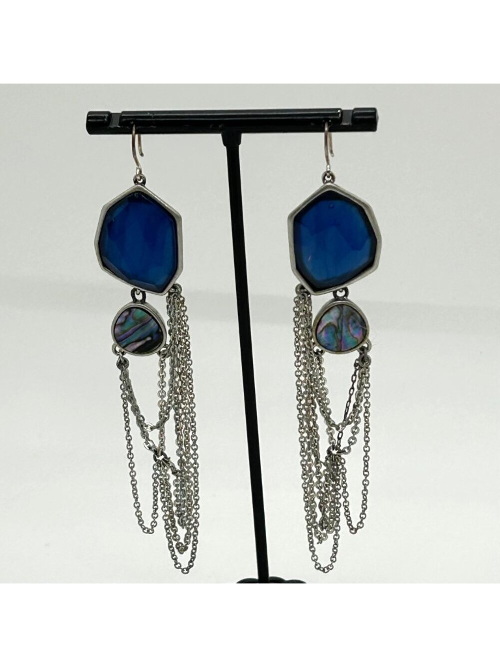 Kenneth Cole Reaction Drop Earrings Abalone Blue Acrylic Stone Silver tone Chain